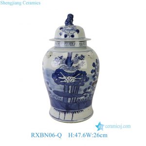 RXBN06-Q Jingdezhen Blue and White Botanical Ginger Jar with Lion Lid Oriental Porcelain Decorative Lidded Vase Urns