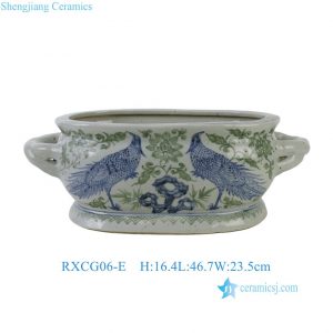 RXCG06-E Chinoiserie Hand-painted Blue Green Double Pheasant Floral Oval Porcelain Planter Tub Footbath with Dual Side Handles
