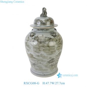 RXCG08-G Traditional Sepia Landscape Porcelain Temple Jar with Foo Dog Lid, Chinese Shanshui Ceramic Ginger Jar for Home Decor
