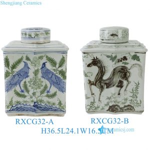 RXCG32-A-B Chinoiserie Oriental Square Hand-painted Blue Green Peacock Floral Porcelain Decorative Jar Urn