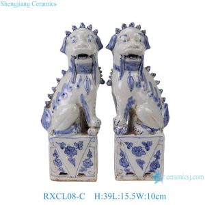 RXCL08-C Pair of Chinoiserie Blue & White Ceramic Foo Dog Statues, Imperial Chinese Guardian Lion Feng Shui Home Decor