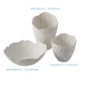 Set of 3 Modern Nordic Contemporary Wabi-sabi Organic Textured White Ceramic Bowls & Vases with Irregular Rim