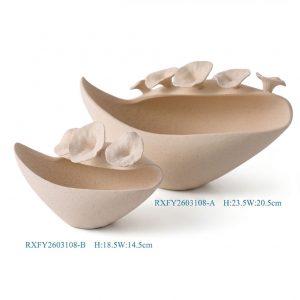 Modern Nordic Wabi-sabi Contemporary Sculptural Flower-Embellished Matte Beige Decorative Bowls Planter Centerpiece