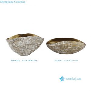 RXGA09-A-RXGA02-A Unique Hand-Carved Striped Textured Asymmetrical Tabletop Decor Bowl with Gold Base