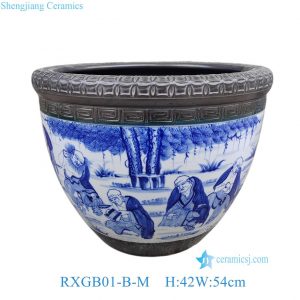 RXGB01-B-M Chinoiserie Blue and White Eighteen Arhats Landscape Ceramic Fish Bowl with Embossed Decorative Rim