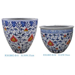 RXGB03-B-M-02 Chinoiserie Hand-painted Crackle Glaze Multicolor Intertwined Lotus Scroll Porcelain Fish Bowl Planter Set, 2 Sizes Large & Medium