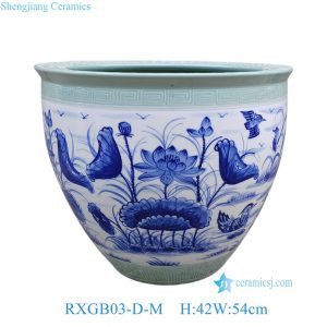 RXGB03-D-M Chinoiserie Oriental Large Celadon Rim Blue White Phoenix Pine & Lotus Pond Ceramic Fish Bowl Planter Pot