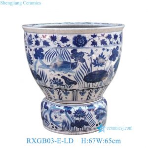 RXGB03-E-LD Chinoiserie Hand-painted Crackle Glaze Blue White Lotus Pond Fish Algae Porcelain Fish Bowl with Matching Separate Stand