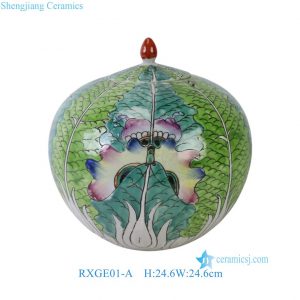 RXGE01-A Hand Painted Famille Rose Cabbage Bok Choy Pattern Watermelon Shaped Lidded Porcelain Jar