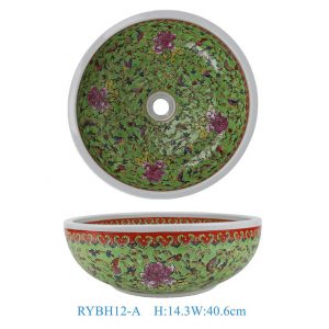 RYBH12-A Chinoiserie Glossy Green Base Famille Rose Peony Scroll Round Ceramic Vessel Sink Countertop Wash Basin