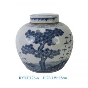 RYKB176-O Chinoiserie Cobalt Blue White Blue Pine Bamboo Landscape Motifs Porcelain Ginger Jar Decorative Table Centerpiece