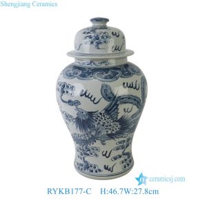 RYKB177-C Chinoiserie Aged Finish Chinese Blue & White Dragon Phoenix Motif Decorative Temple Jar