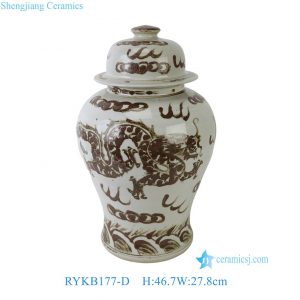 RYKB177-D White Base Brown Underglaze Dragon Cloud Porcelain Temple Jar with Round Knob Lid