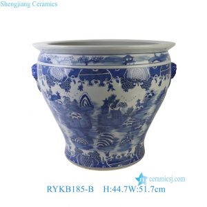 RYKB185-B Hand-painted Blue White Chinese Mountain Pavilion Landscape Porcelain Fish Bowl Flowerpot Garden Planter