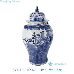 RYLU141 Chinoiserie Distressed Blue and White Pheasant Peony Porcelain Temple Jar with Lion Finial Lid
