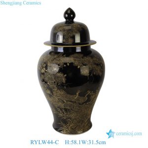 RYLW44-C Chinoiserie Luxury High Quality Black Gold Hand-Painted Crane Motif Temple Jar Collectible Porcelain