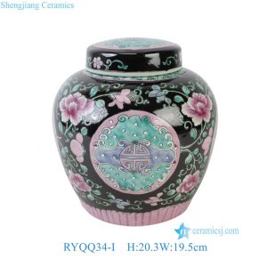 RYQQ34-I Peranakan Nyonya Black Colorful Floral Longevity Motif Lidded Ginger Jar Decorative Storage Urn