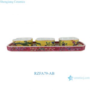 RZFA79-AB Nyonya / Peranakan Yellow Ground Famille Rose Phoenix 3-Compartment Condiment Set with Tray
