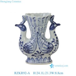 RZKR92-A Artistic Blue & White Porcelain Phoenix Vase Chinoiserie Twin Bird Porcelain Bud Ceramic Vase Centerpiece for Living Dining Room