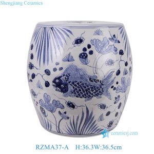 RZMA37-A Wholesale Handpainted Aquatic Motif Porcelain Stool Raised Relief Fish Patio Side Table Outdoor Garden Drum Seat