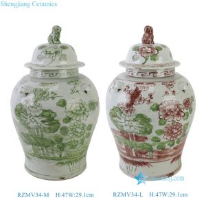RZMV34-L-M Chinoiserie Hand-painted Green Underglaze Lotus & Peony Porcelain Temple Jar Centerpiece with Lion Finial Lid
