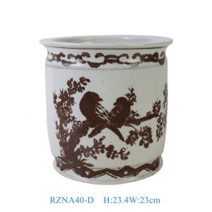 RZNA40-D Chinoiserie Iron Brown Hand-Painted Twin Sparrow Plum Blossom Cylindrical Ceramic Planter Pot