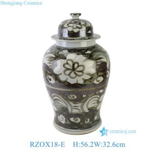 RZOX18-E Large Vintage Hand Painted Dark Ink Floral Lidded Ceramic General Jar Rustic Distressed Temple Jar Urn