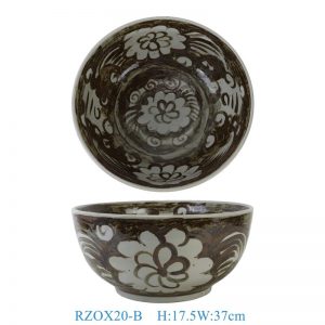 RZOX20-B Chinoiserie Iron Rust Brown Hand-Painted Floral Wide Mouth Large Ceramic Basin Bowl