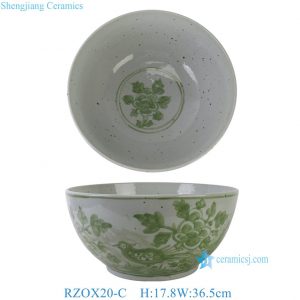 RZOX20-C Chinoiserie Speckled Off White Light Green Hand-Painted Pheasant Peony Wide Mouth Large Ceramic Basin Bowl