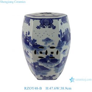 RZOY48-B Jingdezhen Hexagonal Landscape Porcelain Garden Stool Vintage Oriental Ceramic Outdoor Drum Seats