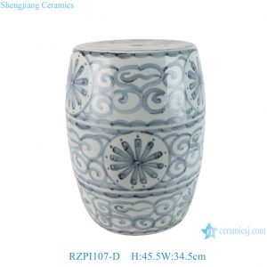 RZPI107-D Vintage Distressed Blue White Porcelain Drum Stool Retro Outdoor Home Scrollwork Ceramic Side Table Patio Seat