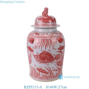 RZPI115-A Chinoiserie Red Lucky Fish Ceramic Ginger Jar with Foo Dog Lid, Traditional Oriental Porcelain Urn Vase for Living Room