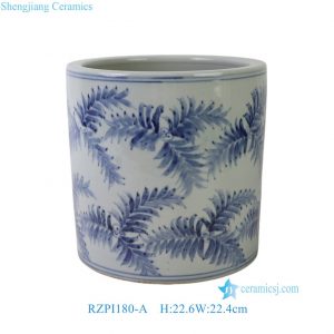 RZPI180-A Chinoiserie Hand-painted Blue White Hand-Painted Palm Leaf Cylindrical Porcelain Planter Pot