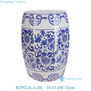 RYPZ26-A-8S Oriental Decor Blue and White Porcelain Garden Stool, Hand-painted Ceramic Drum Side Table, Elegant Patio Accents