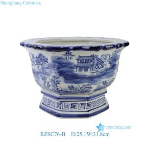 RZSC76-B Chinoiserie Blue White Chinese Pavilion Landscape Octagonal Scalloped Rim Porcelain Planter Pot