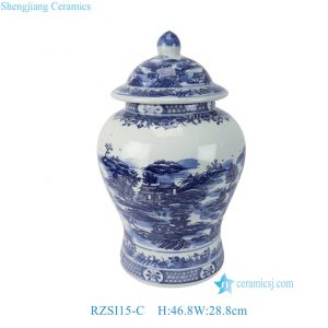 RZSI15-C Chinoiserie Oriental Blue White Chinese Landscape Pavilion Porcelain Temple Jar with Pointed Finial Lid