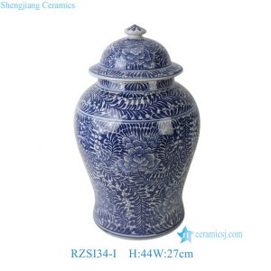 RZSI34-I Chinoiserie Wholesale Budget Cobalt Blue Transfer Print Floral Covered Porcelain Temple Jar