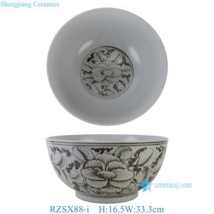 RZXS88-i Vintage Chinese Style Underglaze Brown Porcelain Bowl Floral Design Decorative Large Ceramic Flower Bowl Pots