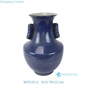 RZTL22-A Dynasty blue glaze porcelain Phoenix Carved Ceramic Flower Vase Decor with Ears