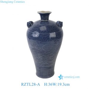 RZTL28-A Chinese Antique Porcelain Blue Glazed Carved Phoenix Lines Ceramic Plum vase