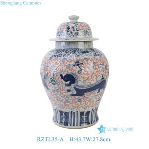 RZTL35-A Blue and White Underglaze Red Qilin Intertwined Floral Raised Pattern Porcelain Temple Jar with Round Knob Lid