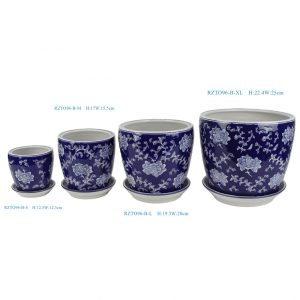 RZTO96-B-XL-L-M-S Chinoiserie Blue White Peony Scroll Cylindrical Ceramic Planter Pot Set with Matching Saucers, 4 Sizes S/M/L/XL