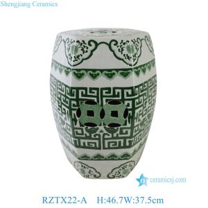 RZTX22-A Unique Green and White Hexagonal Ceramic Drum Stool Oriental Outdoor Home Coin Hole Porcelain Patio Table Seat