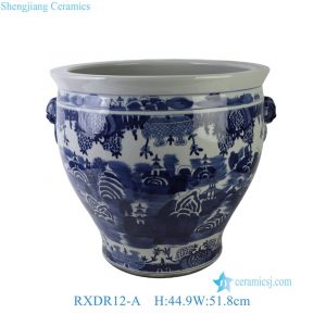 RXDR12-A Chinoiserie Blue and White Porcelain Fishbowl Pot Large Landscape Ceramic Planter with Lion Handles