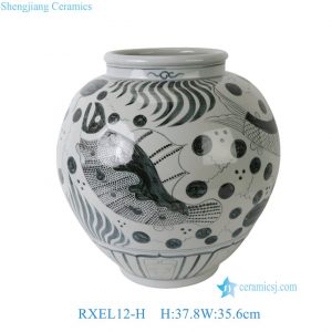 RXEL12-H Wholesale New Hand-Painted Ink Color Fish & Algae Large Decorative Ceramic Jar Vase Without Lid