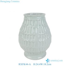 RXFK44-A Modern Ribbed Mint Green Ceramic Vase Unique Textured Feather Pattern Desktop Flower Holder for Office Shelf