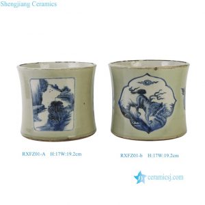 RXFZ01-A-B Vintage Celadon Glazed Landscape Ceramic Planter Chinoiserie Brush Pot for Office Home Tabletop Decor