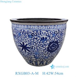 RXGB03-A-M Chinoiserie Crackle Glaze Blue and White Porcelain Planter Large Interlocking Lotus Ceramic Fish Bowl