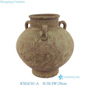 RXGC01-A Distressed Rustic Three Handle Terracotta Ceramic Jar, Wabi-Sabi Rough Textured Vintage Vase