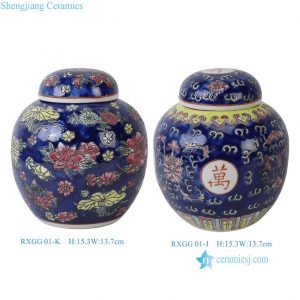 RXGG01-J-K Famille Rose Dark Blue Floral Longevity Letters Dragon pattern Round Shape Ceramic Jar Pot